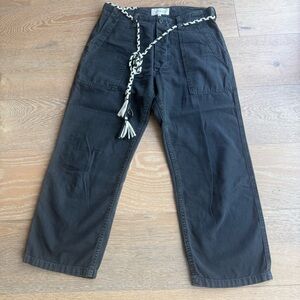 THE GREAT. Black Cargo Pants with Braided Rope Belt